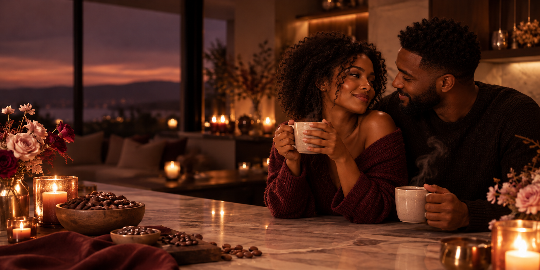 African American couple enjoying warm cacao together in an intimate home setting