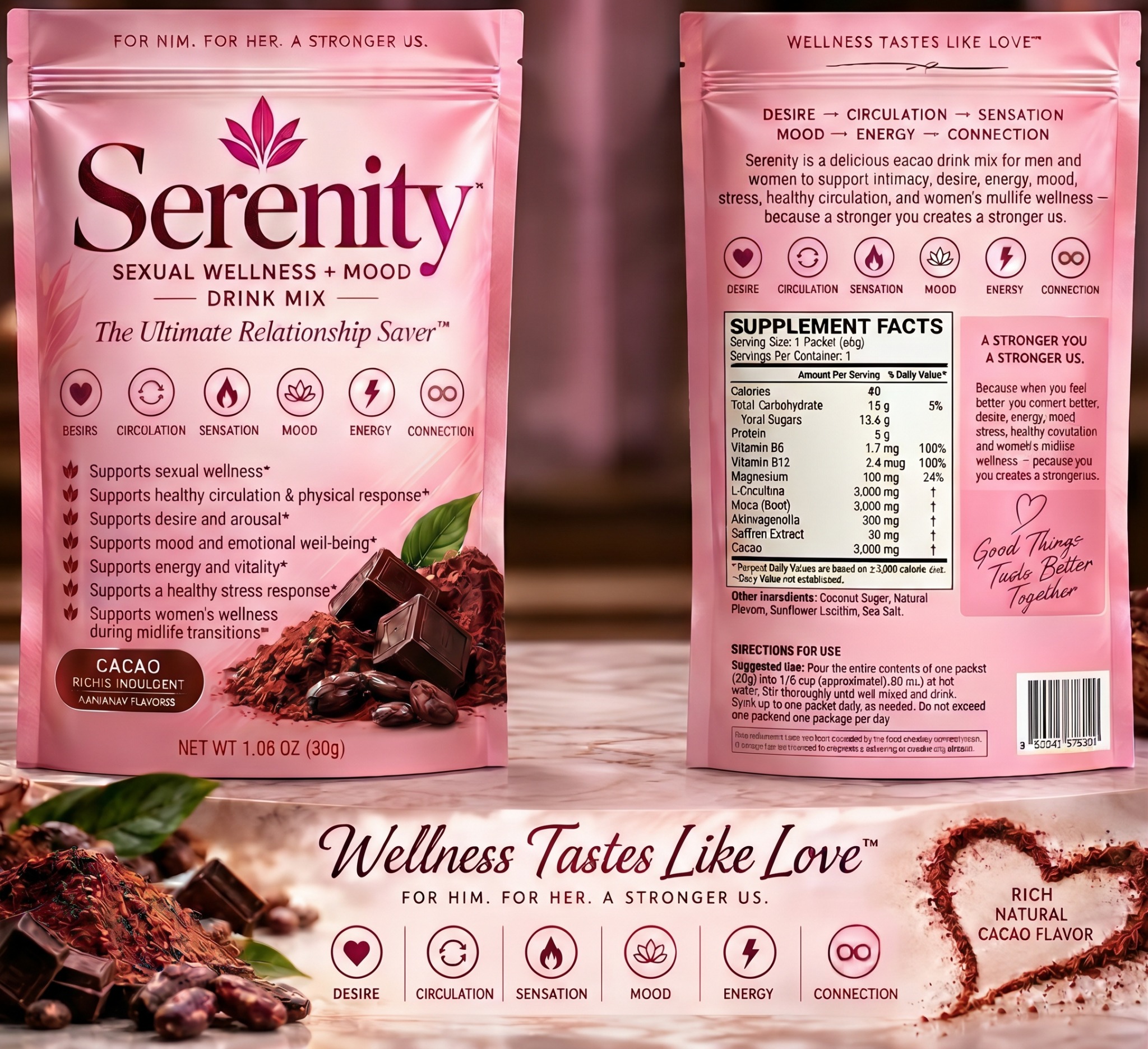 Serenity cacao drink mix concept package, front and back
